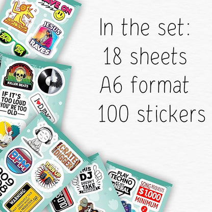 100Pcs DJ Stickers and Decals for Laptop, Water Bottle - DJ Gifts & Party Supplies - Rave, Music Stickers - Gift for Women & Men