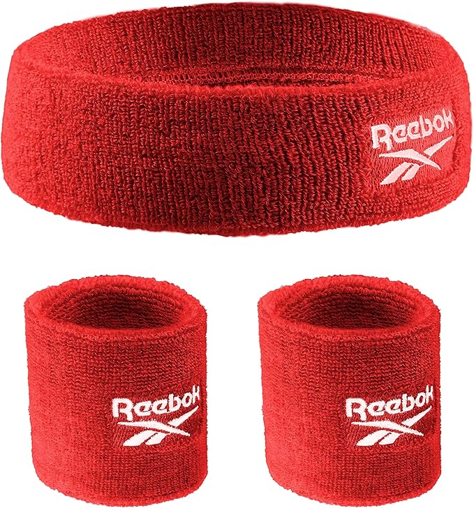 3pc Unisex Athletic Sweatband Set - 2.25in Workout Headband & 3.25in Wristbands w/Stay Dry Technology, Terry Cloth Band Moisture-Wicking Fabric | Quality Fitness Accessories for Active Comfort-Reebok