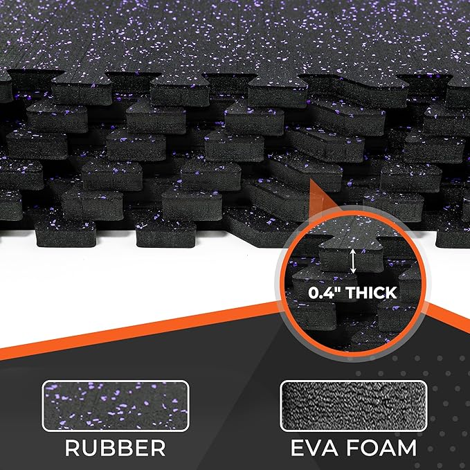 SUPERJARE 0.4'' Thick 12 Pcs 48 Sq Ft Rubber Top Exercise Equipment Mats, High Density EVA Foam Mats with Rubber Top, Interlocking Gym Flooring for Home Gym, Protective Workout Mat, Black/Purple