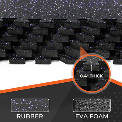 SUPERJARE 0.4'' Thick 12 Pcs 48 Sq Ft Rubber Top Exercise Equipment Mats, High Density EVA Foam Mats with Rubber Top, Interlocking Gym Flooring for Home Gym, Protective Workout Mat, Black/Purple