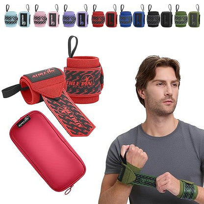 Professional Wrist Wraps, Heavy-Duty Support with Thumb Loop 18 Inch Pair for Powerlifting, Bodybuilding, Cross Training - Mesh carry pouch included (Red)
