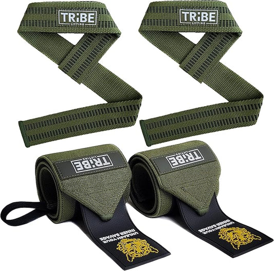Tribe Lifting Heavy Duty Wrist Wraps & Lifting Straps for Weightlifting - Wrist Straps for Weightlifting Men with Silicone Grip & Padding - Gym Wrist Wraps and Lifting Straps