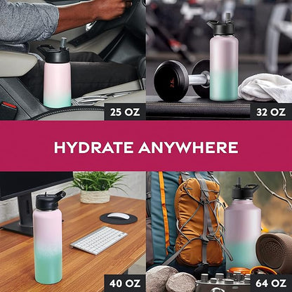 FineDine Water Bottle - Stainless Steel Insulated Water Bottle with Straw Lid, Flip Lid & Wide-Mouth Cap - Keeps Hot and Cold - 32 Oz / 946ml - Dreamy Pink-Green