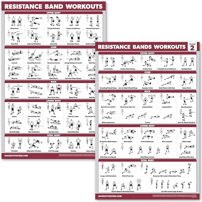 QUICKFIT 2 Pack Resistance Bands Exercise Poster Set - Resistance Tubes Workout Charts