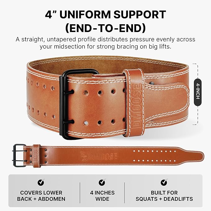 DMoose Fitness Weight Lifting Belt for Lower Back Support - 5mm Thick Genuine Leather Gym Belt for Squats, Deadlifts & Powerlifting - Double Prong Buckle with 10 Holes Adjustability for Men & Women