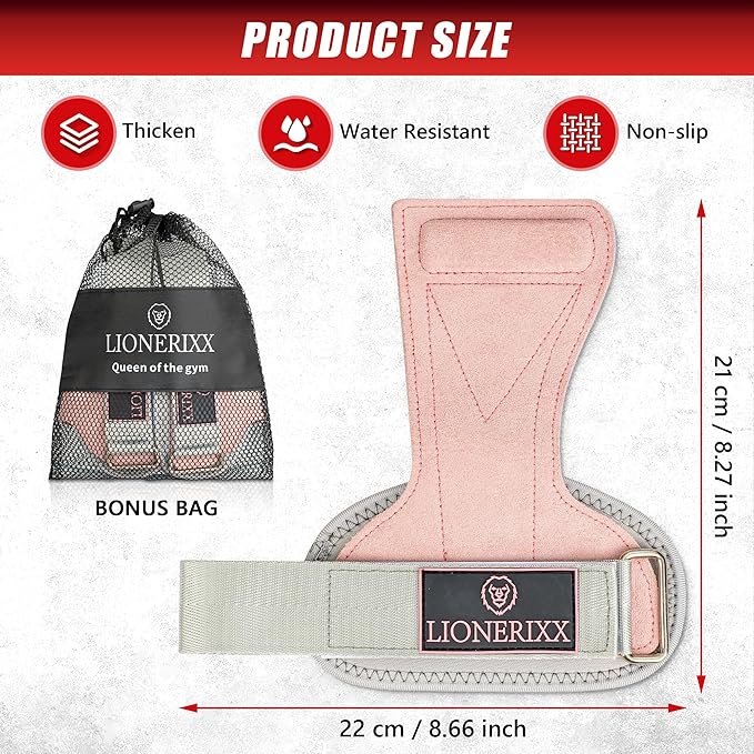 Pink Wrist Straps for Weightlifting Women - Dual Layer Leather Workout Grips for Deadlift and Powerlifting – Non-Slip Hand Wraps for Weight Lifting with Storage Bag