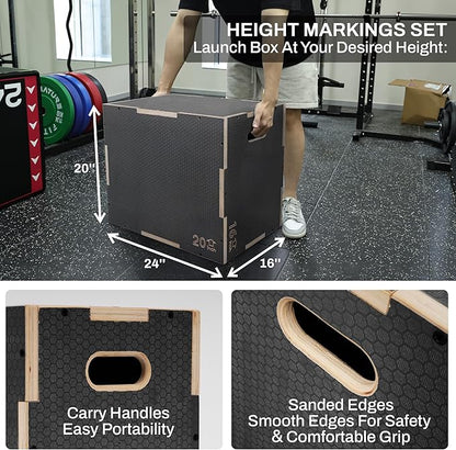 Signature Fitness 3 in 1 Non-Slip Wooden Plyo Box Jump Exercise Platform, Plyometric Workout Equipment for Home Gym, Training Step Box, Gray, Multiple Sizes
