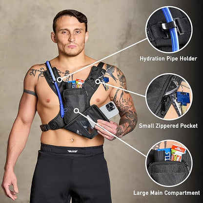 Elite Hydra Running Chest Pack w/ Gun Holster, Phone Holder Touch Friendly, Camera Pocket for Men/Women Lightweight Hydration Vest Chest Rig w/ Water Bladder for Marathon, Cycling, ADV Camping, Skiing