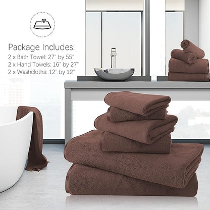 TENSTARS Luxury Silk Hemming Towel Set - Light Thin Quick Drying - 2 Bath Towels 2 Hand Towels 2 Washcloths - Ultra Soft Microfiber Towel for Bath Fitness, Sports, Yoga, Travel (Wood Brown 6 Pieces)