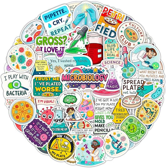 100Pcs Funny Microbiology Vinyl Stickers for Water Bottle, Laptop -Nerd Biology Stickers - Microbiology Gifts, Party Supplies - Gift for Women & Men