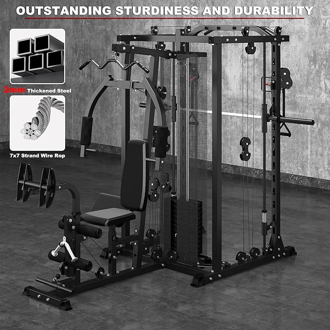 Multi-Functional Home Gym Workout Equipment, All-in-One Smith Machine w/150lbs Weight Stack&Cable Crossover, Leg Press, PEC Fly, LAT, Squat, Heavy Duty Full Body Training for Family, Black