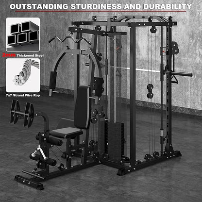 Multi-Functional Home Gym Workout Equipment, All-in-One Smith Machine w/150lbs Weight Stack&Cable Crossover, Leg Press, PEC Fly, LAT, Squat, Heavy Duty Full Body Training for Family, Black