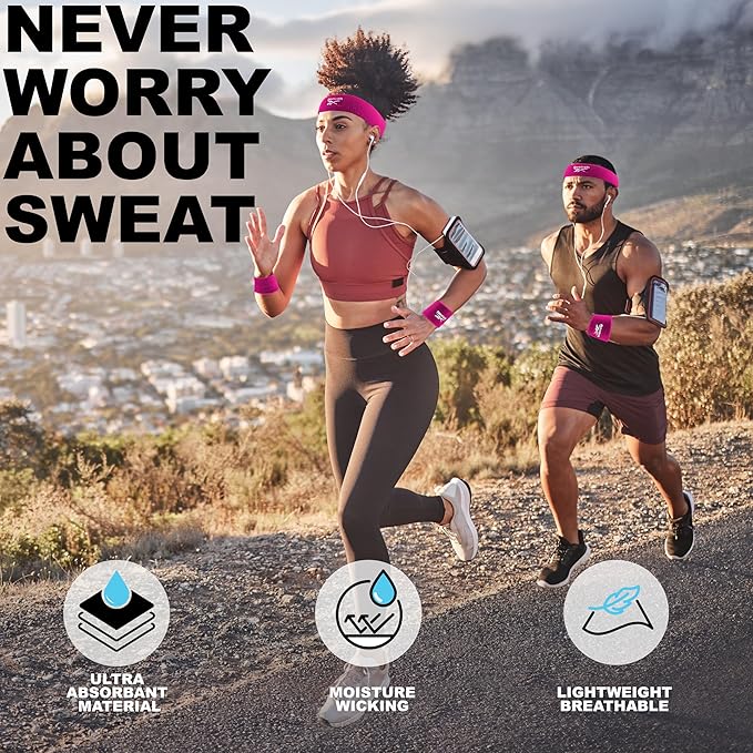 3pc Unisex Athletic Sweatband Set - 2.25in Workout Headband & 3.25in Wristbands w/Stay Dry Technology, Terry Cloth Band Moisture-Wicking Fabric | Quality Fitness Accessories for Active Comfort-Reebok