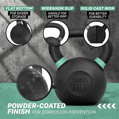 Yes4All Powder Coated Kettlebell, Cast Iron Core Kettlebells with Non-Slip Handle & Flat Bottom for Conditioning, Heavy Duty for Strength Training, 9lb to 71lb - Single & Pair