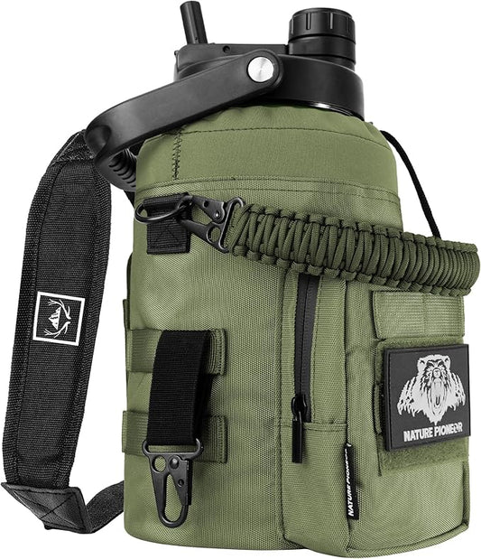 NATURE PIONEOR 1 Gallon Tactical Water Bottle Set, Stainless Steel 128 oz Sport Water Bottle with Tactical MOLLE Bottle Carrier Sleeve, for Outdoor Work, Gym, Hiking, Camping