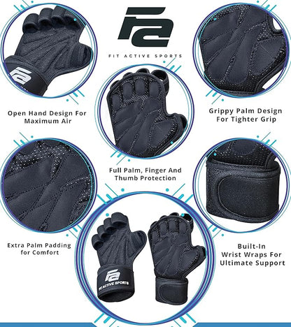 Fit Active Sports New Ventilated Weight Lifting Workout Gloves with Built-in Wrist Wraps for Men and Women - Great for Gym Fitness, Cross Training, Hand Support & Weightlifting.