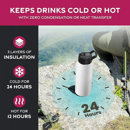 FineDine Triple Walled, Insulated Water Bottles with Straw - 32 Oz Stainless Steel Metal Bottle W/ 3 Leak Proof Lids - For Travel, School, Sports, Gym/Men, Women & Kids - Pure Pearly White