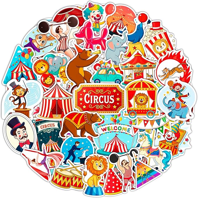 100Pcs Circus Stickers for Water Bottle, Laptops, for Scrapbooking - Сircus Theme Party Decor & Favors - Carnival, Clown Stickers - Gift for Women & Men