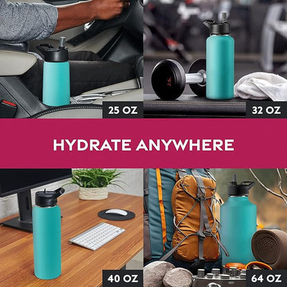 FineDine Triple Walled, Insulated Water Bottles with Straw - 32 Oz Stainless Steel Metal Bottle W/ 3 Leak Proof Lids - For Travel, School, Sports, Gym / Men, Women & Kids - Cheery Turquoise