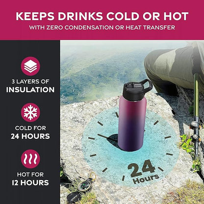 FineDine Water Bottle - Stainless Steel Insulated Water Bottle with Straw Lid, Flip Lid & Wide-Mouth Cap - Keeps Hot and Cold - 32 Oz / 946ml - Dreamy Purple