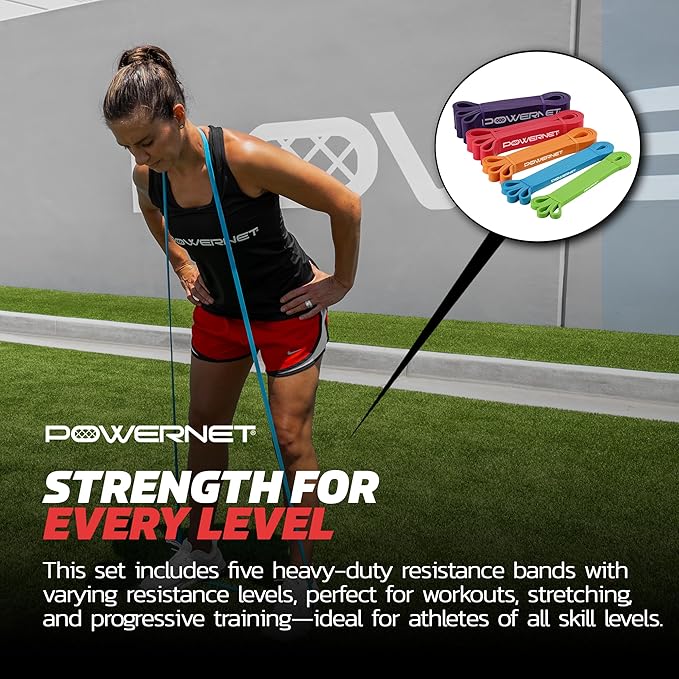 PowerNet Resistance Bands, Heavy Duty & Regular Resistance Color-Coded Exercise Bands, Workout Equipment for Home Gym, Progressive Elastic Bands for Stretching & Training, Regular, Heavy-Duty or Combo