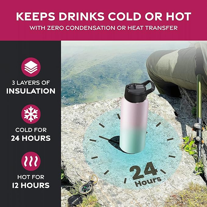 FineDine Water Bottle - Stainless Steel Insulated Water Bottle with Straw Lid, Flip Lid & Wide-Mouth Cap - Keeps Hot and Cold - 32 Oz / 946ml - Dreamy Pink-Green