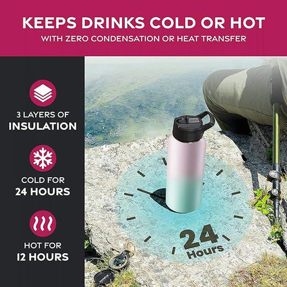 FineDine Water Bottle - Stainless Steel Insulated Water Bottle with Straw Lid, Flip Lid & Wide-Mouth Cap - Keeps Hot and Cold - 32 Oz / 946ml - Dreamy Pink-Green