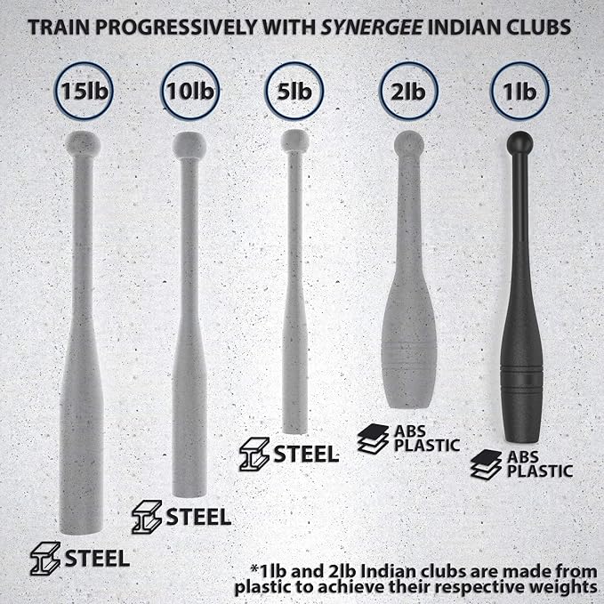 Synergee Indian Clubs 1lb, 2lb, 5lb, 10lb & 15lb. Power Clubs - Exercise Weight Club Bells - Grip and Forearm Strength Trainer - Sold in Pairs
