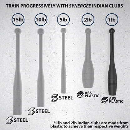 Synergee Indian Clubs 1lb, 2lb, 5lb, 10lb & 15lb. Power Clubs - Exercise Weight Club Bells - Grip and Forearm Strength Trainer - Sold in Pairs