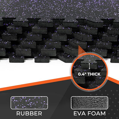 SUPERJARE 0.4'' Thick 24 Pcs 96 Sq Ft Rubber Top Exercise Equipment Mats, High Density EVA Foam Mats with Rubber Top, Interlocking Gym Flooring for Home Gym, Protective Workout Mat, Black/Purple
