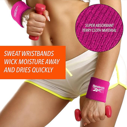 3pc Unisex Athletic Sweatband Set - 2.25in Workout Headband & 3.25in Wristbands w/Stay Dry Technology, Terry Cloth Band Moisture-Wicking Fabric | Quality Fitness Accessories for Active Comfort-Reebok