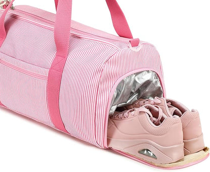 Gym Bag Sports Duffle Bag with Wet Pocket Weekender Overnight Bags with Shoe Compartment for Girls Kids Women Dance Workout Travel Bags (Pink Stripe)