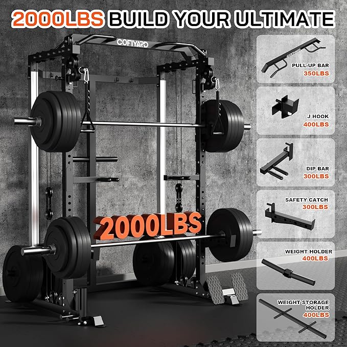 Power Cage, Power Rack with Dual Pulley System, Multi-Function Squat Rack with Cable Crossover, Home Gym Workout Machine