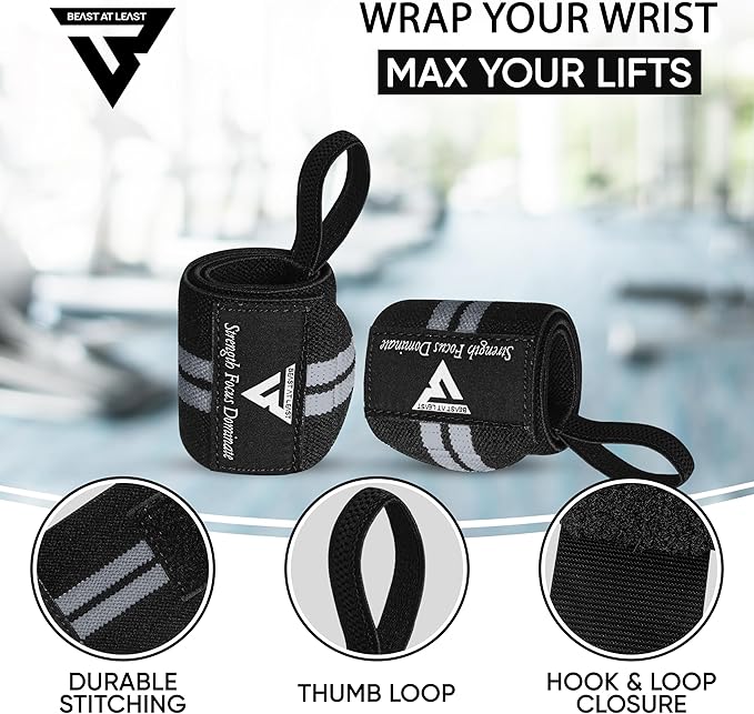 Weight Lifting Wrist Wraps – 18” Cotton Wrist Support with Thumb Loop – Gym Straps for Workout Powerlifting Weightlifting Fitness Strength Training, Stiff Wrist Straps