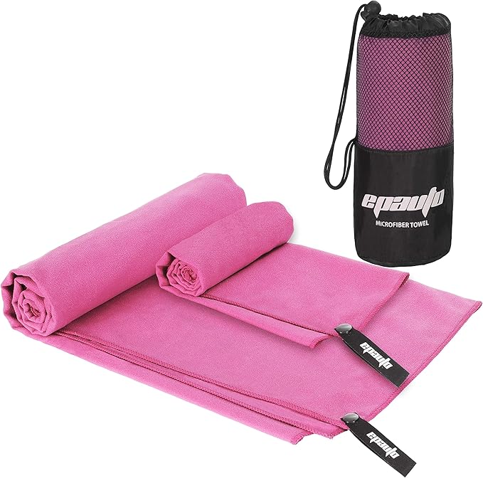 EPAuto 2-Pack Microfiber Quick Dry Towel Set - Lightweight, Super Absorbent & Compact Travel Towels (60"x30" & 24"x15") for Gym, Camping, Beach, Yoga & Backpacking, Pink