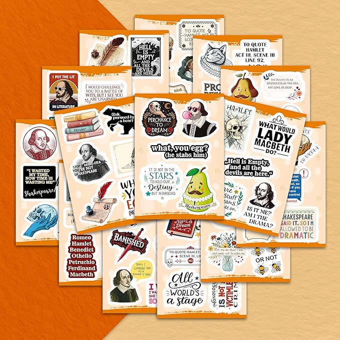 100Pcs Shakespeare Stickers Vinyl for Water Bottles, Literature Stickers Bulk - Shakespeare Gifts - Poetry Party Supplies - Gift for Women & Men