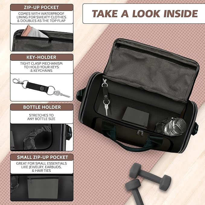 Black Small Gym Bag for Women and Men with Shoe Compartment, Sports Gym Tote Bag with Yoga Mat Holder, Waterproof Travel Duffel Weekender Workout Bag, Carry on Bag for Airplanes with 8 Pockets