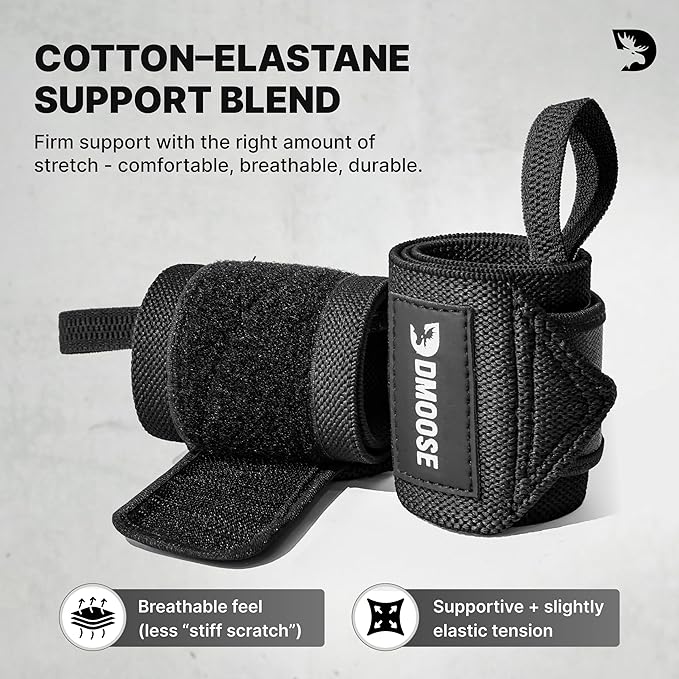 DMoose Fitness Wrist Wraps for Weightlifting 18" - Heavy Duty Gym Wrap with Hand Thumb Loop for Support & Pain Relief, USPA Approved Powerlifting, Weight Lifting Wrist Straps for Men & Women Work Out