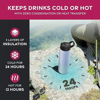 FineDine Triple Walled, Insulated Water Bottles with Straw - 25 Oz Stainless Steel Metal Bottle W/ 3 Leak Proof Lids - For Travel, School, Sports, Gym/Men, Women & Kids - Powder Steel Blue