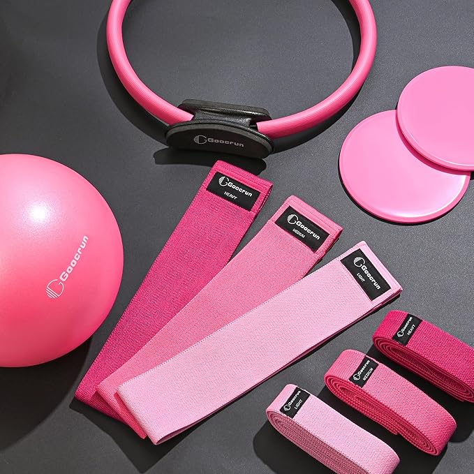 Pilates Ring Set Exercise Equipment, with Exercise Resistance Bands Set, Pilates Ball, Sliding Disks. Portable Home Gym - with Fitness Guide Poster