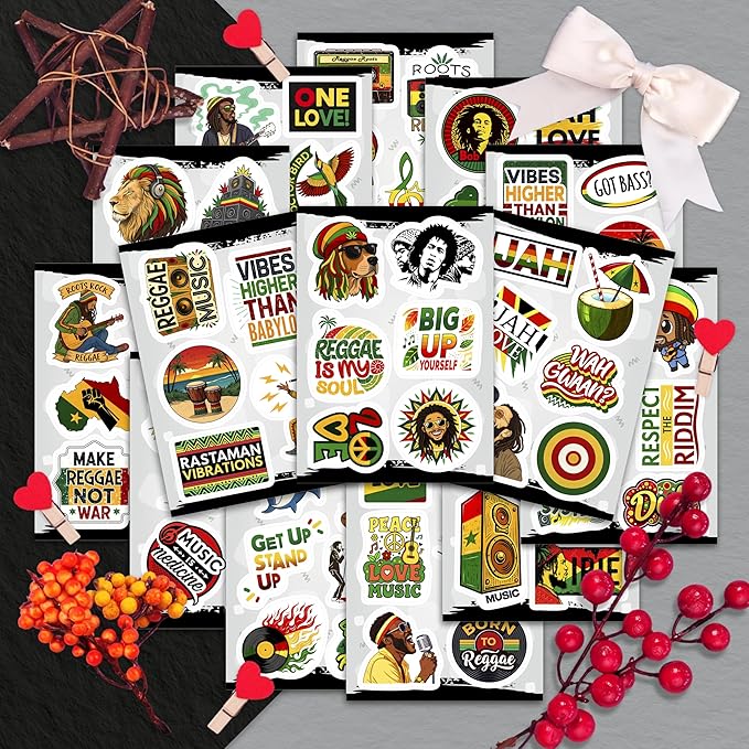 100Pcs Reggae Stickers and Decals for Adults for Water Bottle & Laptops - Rasta Stickers, Jamaica Band Decals - Bob the King of Reggae Gifts for Men & Women
