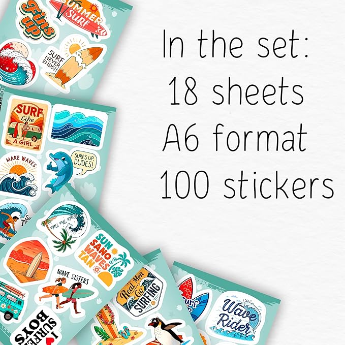 100Pcs Surf & Wave Stickers for Laptop, for Water Bottles, Surfing Stickers - Surfing Gifts for Surfers - Surf Party Supplies & Decoretions - Gift for Women & Men