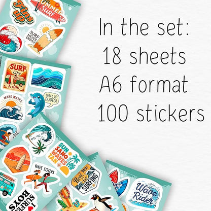 100Pcs Surf & Wave Stickers for Laptop, for Water Bottles, Surfing Stickers - Surfing Gifts for Surfers - Surf Party Supplies & Decoretions - Gift for Women & Men
