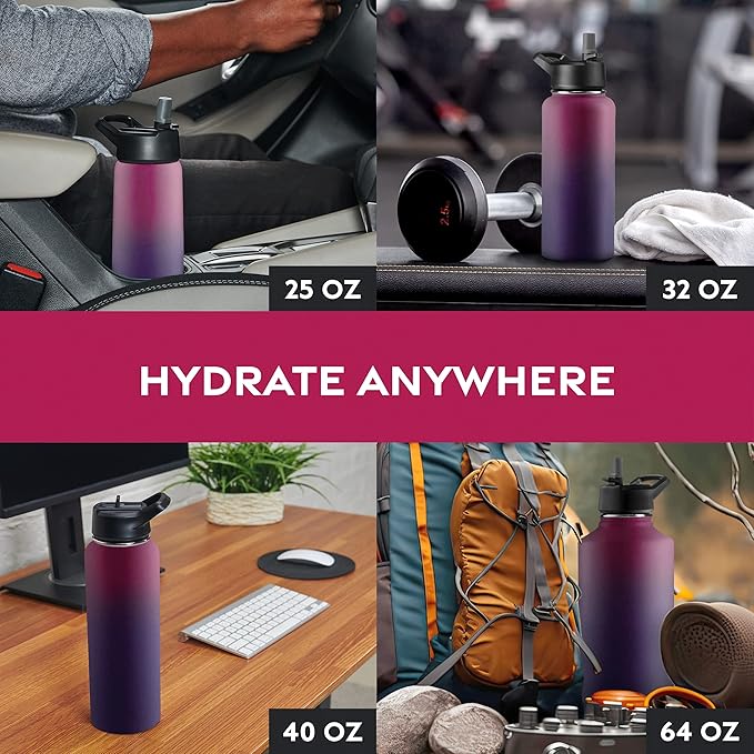 FineDine Water Bottle - Stainless Steel Insulated Water Bottle with Straw Lid, Flip Lid & Wide-Mouth Cap - Keeps Hot and Cold - 32 Oz / 946ml - Dreamy Purple
