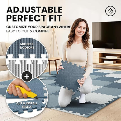 bemaxx Gym Mats Set - 18 pcs EVA Interlocking Foam Floor Tiles (12.6"x12.6"x0.4") 18sqft Protective Gym Flooring Sports Home Workout Exercise Mats Puzzle Garage Fitness Play-Room Pool Treadmill Bike