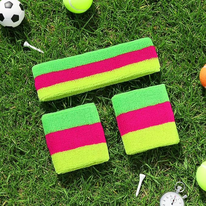 3 Pack Neon Sweatbands Set 80s Wristband and Headband Color War Accessories Sports Sweatbands for Summer Ball Party