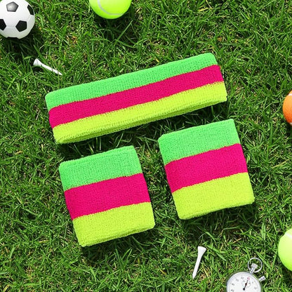 3 Pack Neon Sweatbands Set 80s Wristband and Headband Color War Accessories Sports Sweatbands for Summer Ball Party