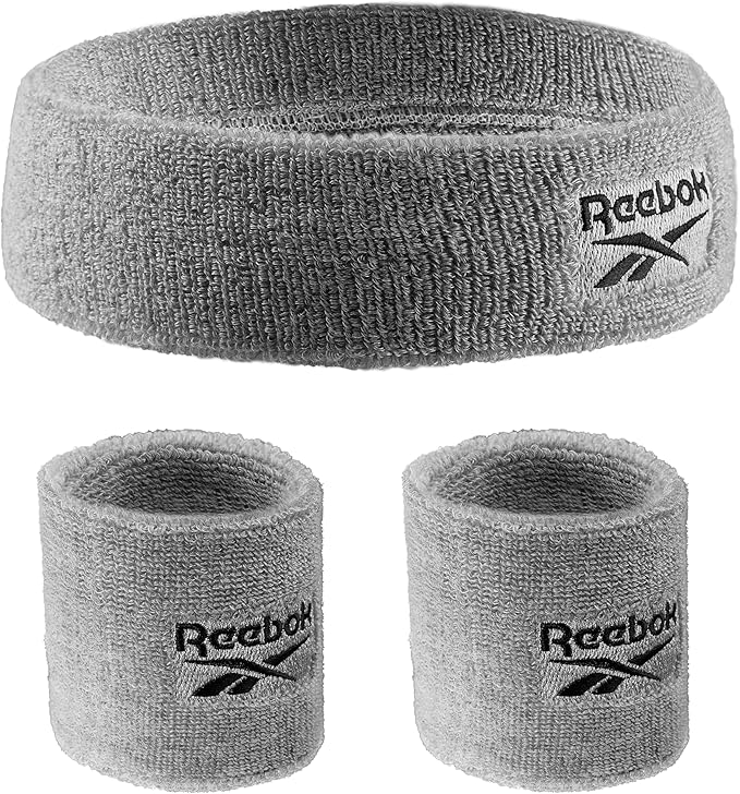 3pc Unisex Athletic Sweatband Set - 2.25in Workout Headband & 3.25in Wristbands w/Stay Dry Technology, Terry Cloth Band Moisture-Wicking Fabric | Quality Fitness Accessories for Active Comfort-Reebok