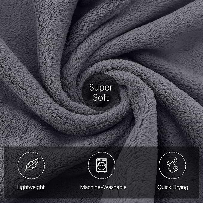 TENSTARS Luxury Silk Hemming Towel Set - Light Thin Quick Drying - 2 Bath Towels 2 Hand Towels 2 Washcloths - Ultra Soft Microfiber, for Bath Fitness, Sports, Yoga, Travel (Dark Grey 6 Pieces)