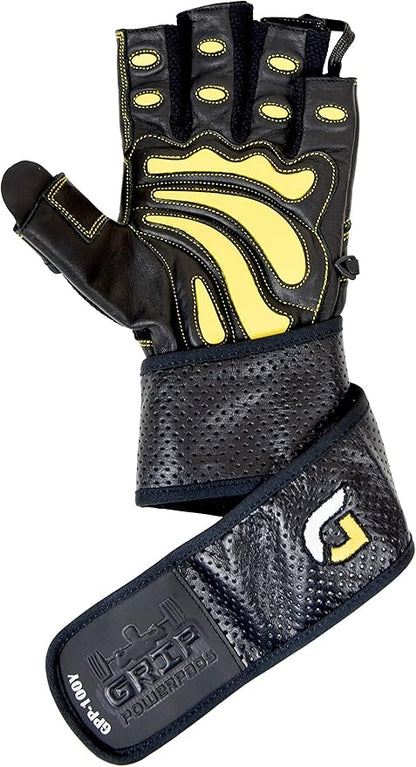 Elite Leather Gym Gloves with Built in 2" Wide Wrist Wraps Grip & Design for Weightlifting Power Lifting Bodybuilding & Strength Training Workout Exercises